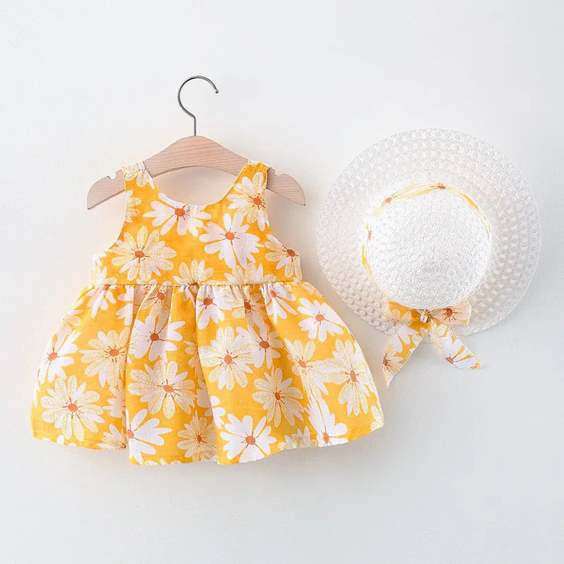 Kids Summer Dress with Big Bow & Matching Hat (0–3 Years) – Blue & Yellow