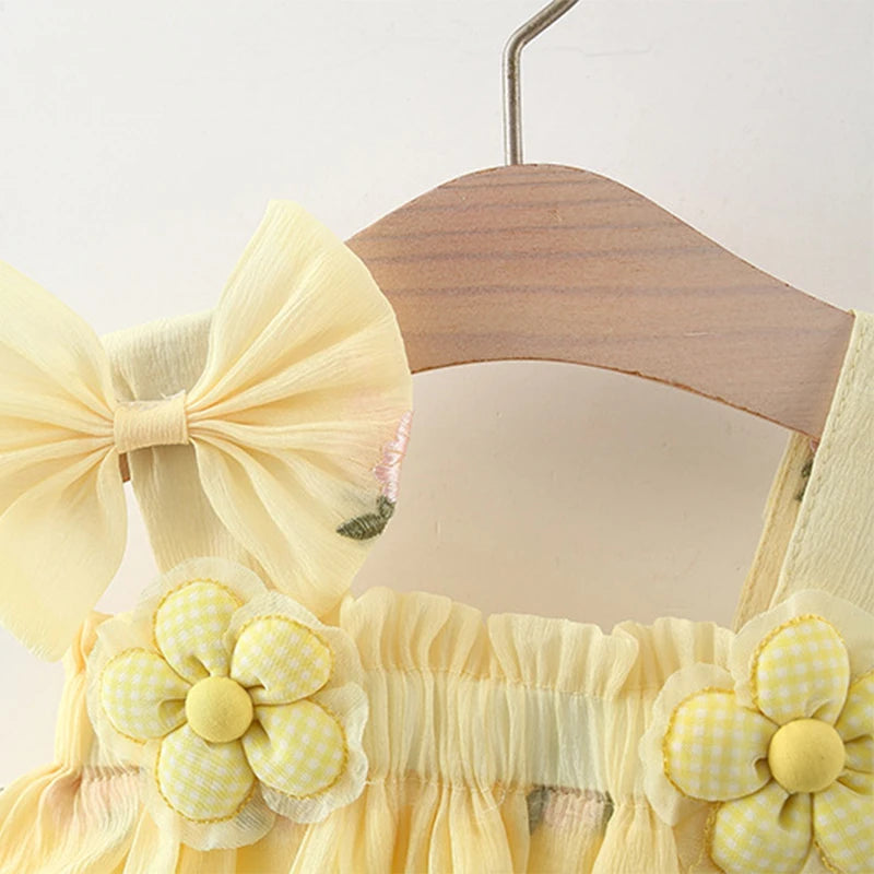 Kids Summer Dress with Flower Print and Front Bow – Yellow or Pink (0–3 Years)