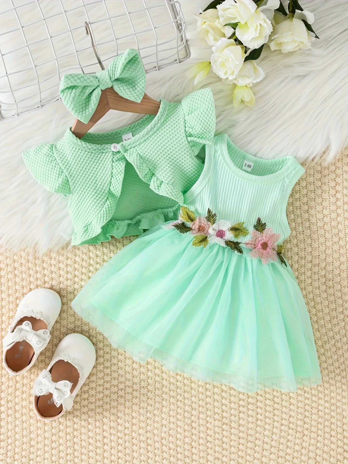 Kids Summer Dress 3-Piece Set with Floral Waist Detail – Pink, White, Green, or Yellow (0–3 Years)