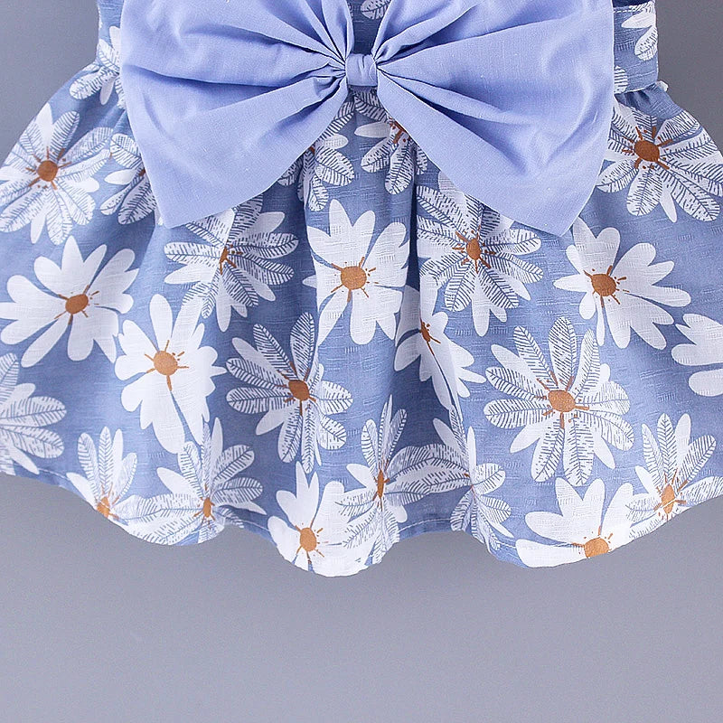 Kids Summer Dress with Big Bow & Matching Hat (0–3 Years) – Blue & Yellow