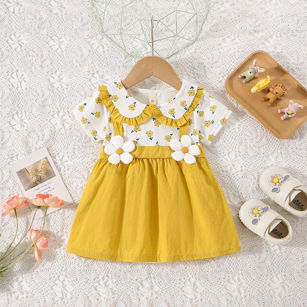 Summer Kids Dress with Floral Print & 3D Flower Detail – Yellow, Orange, Pink, or Green (0–2 Years)