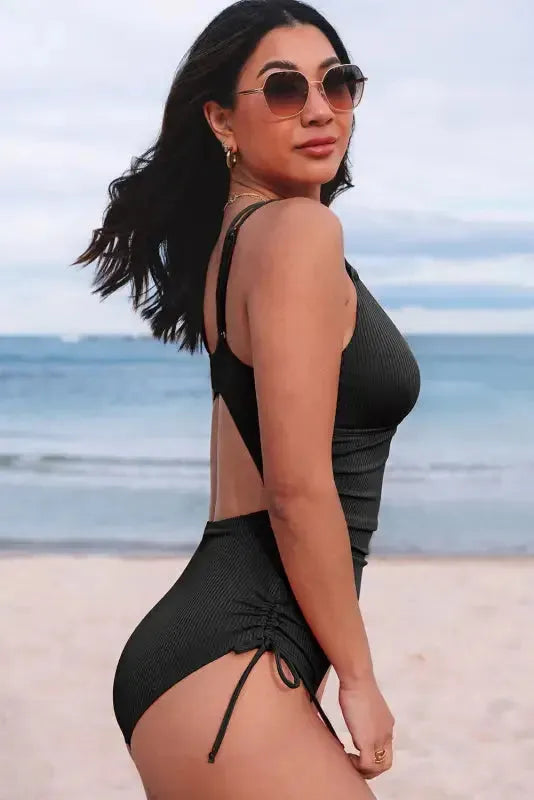 Black Ribbed One Piece Swimsuit – Flattering V-Neck Design-2