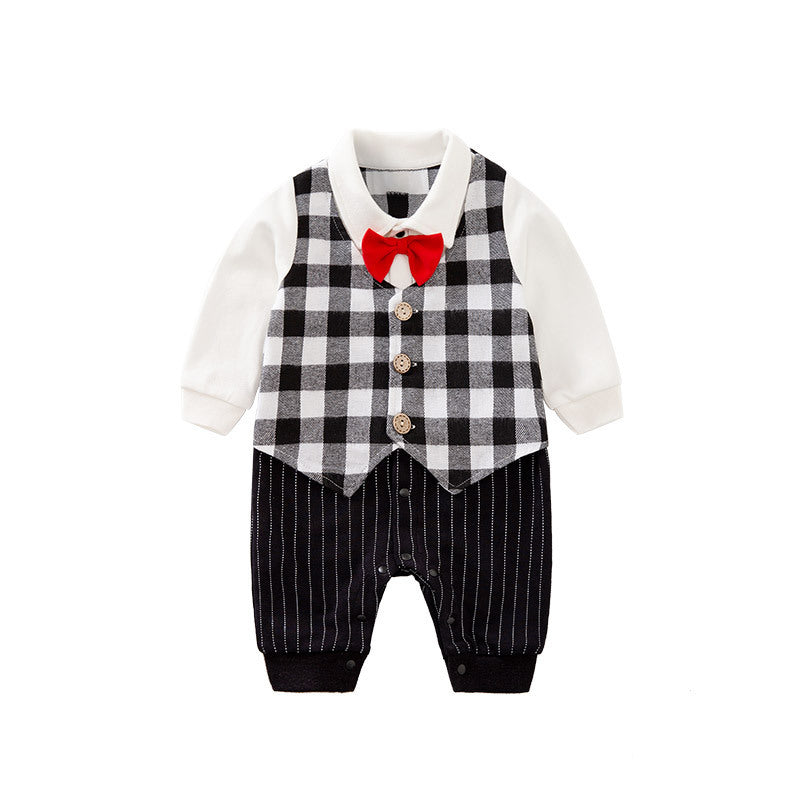 Baby Boy Formal Romper with Red Bow Tie and Checkered Vest Design