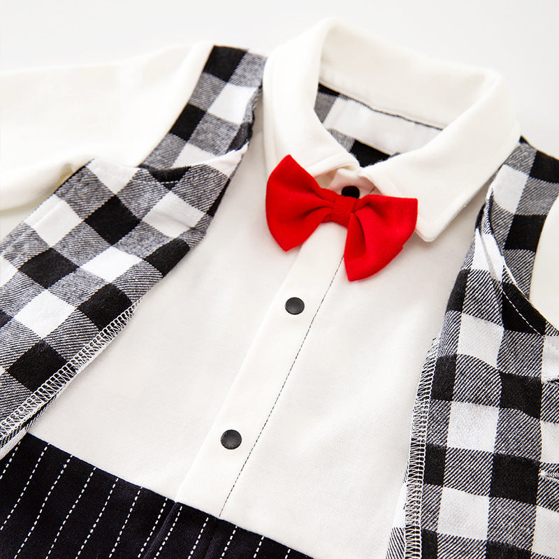 Baby Boy Formal Romper with Red Bow Tie and Checkered Vest Design