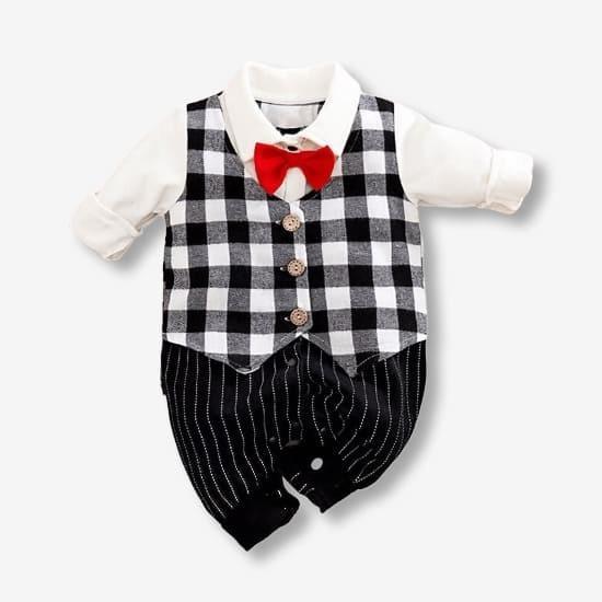 Baby Boy Formal Romper with Red Bow Tie and Checkered Vest Design