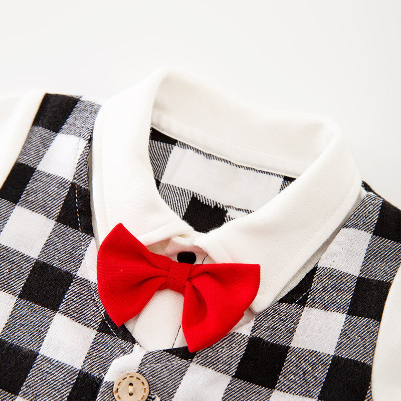 Baby Boy Formal Romper with Red Bow Tie and Checkered Vest Design
