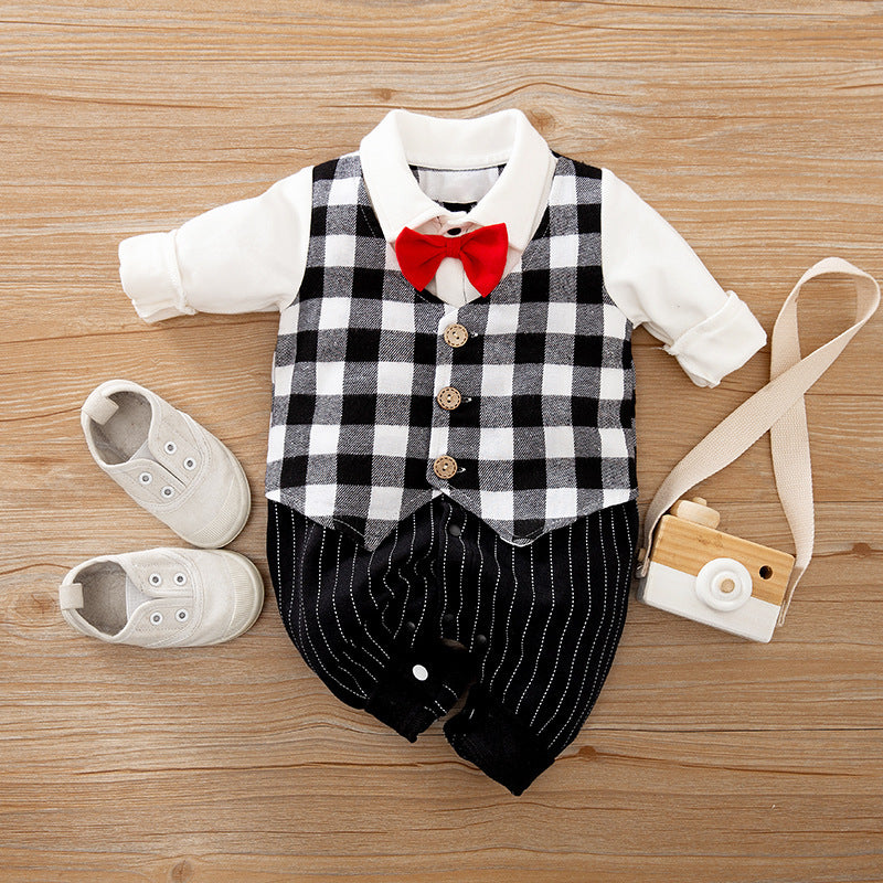 Baby Boy Formal Romper with Red Bow Tie and Checkered Vest Design