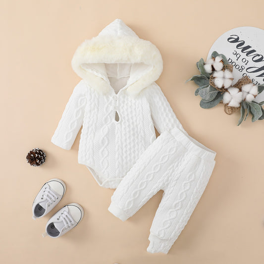 Two-Piece Winter Baby Romper with Cable Knit Texture and Faux Fur Collar – Available in White and Pink