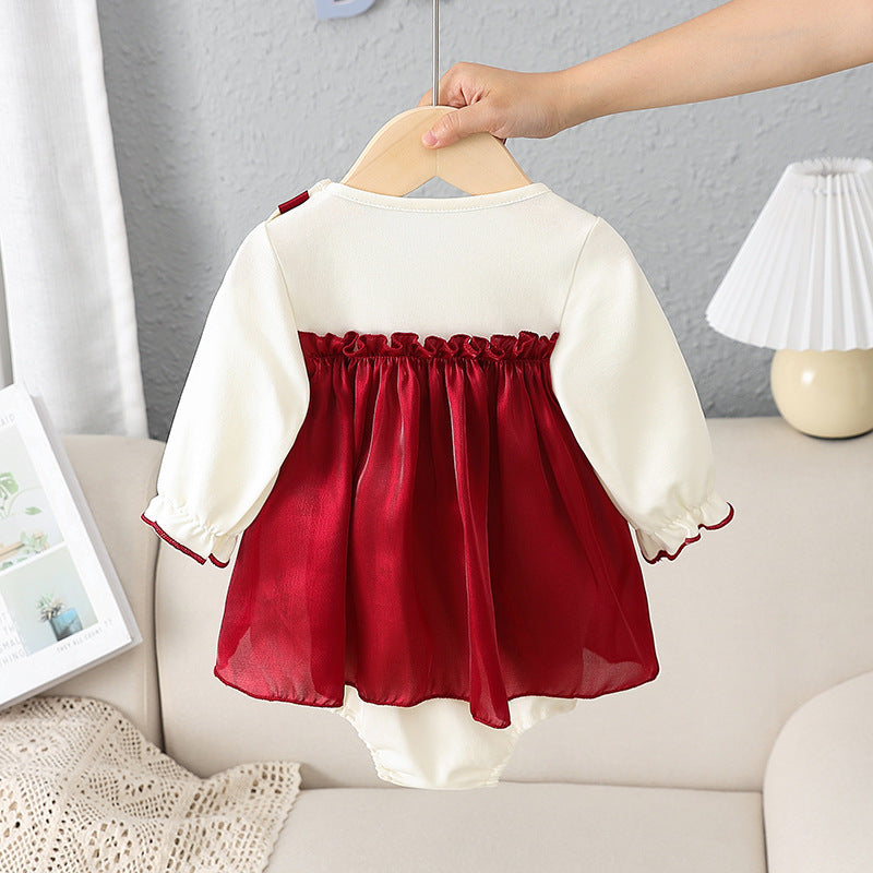 Baby Girl Romper Dress in Off-White and Red with Large Front Bow