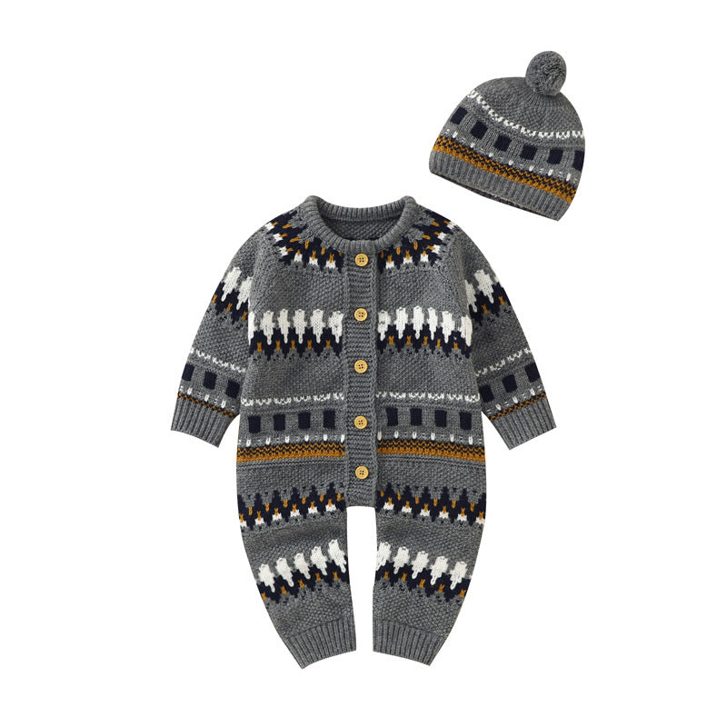 Winter Baby Boy Romper with Matching Hat – Available in White/Brown/Black or Grey/Black/White Patterns