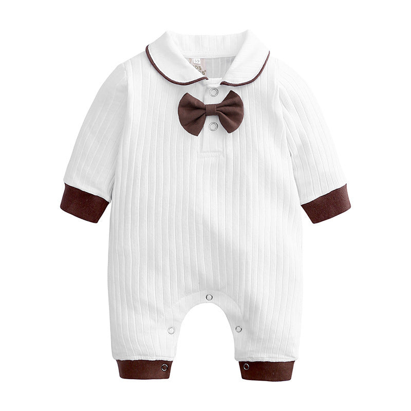 Baby Boy White Romper with Brown or Navy Bow Tie