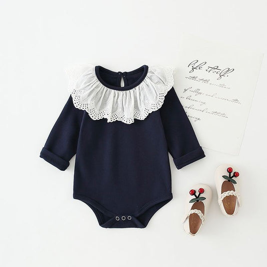 Baby Girl Romper with Lotus Collar – Available in Navy Blue, White, and Pink