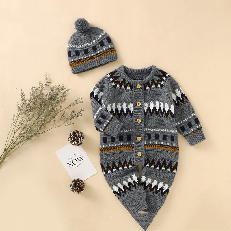 Winter Baby Boy Romper with Matching Hat – Available in White/Brown/Black or Grey/Black/White Patterns