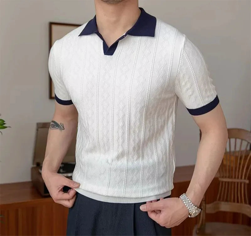 Summer Polo Shirt – V-Neck Slim Fit with Vintage Pattern