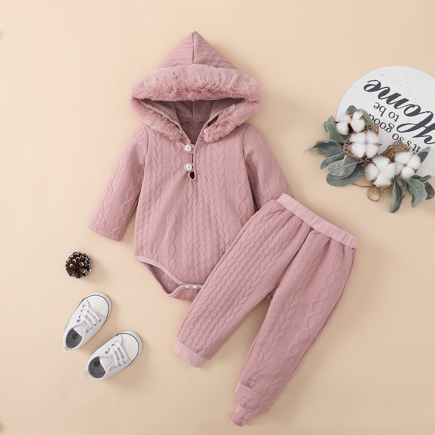 Two-Piece Winter Baby Romper with Cable Knit Texture and Faux Fur Collar – Available in White and Pink