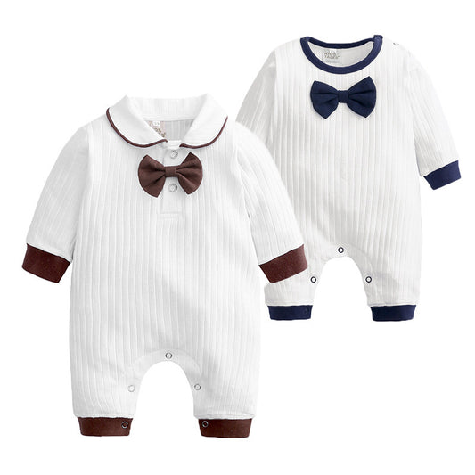 Baby Boy White Romper with Brown or Navy Bow Tie