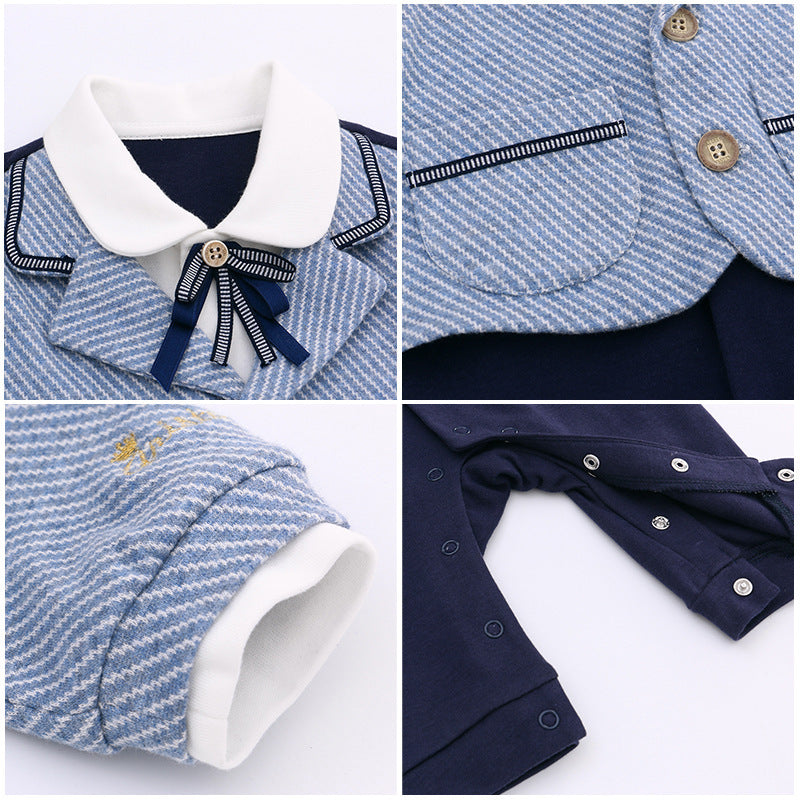 Baby Gentleman Romper – Navy Blue Bottom with Striped Suit Jacket Look (2 Variants)