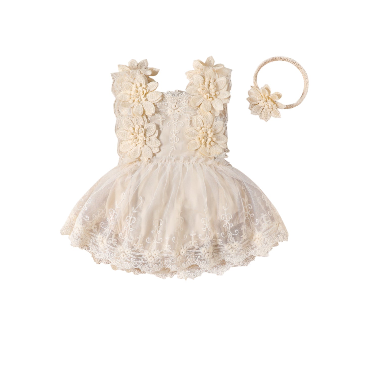 Baby Girl Romper Dress with Floral Pattern and Matching Headband – Beige