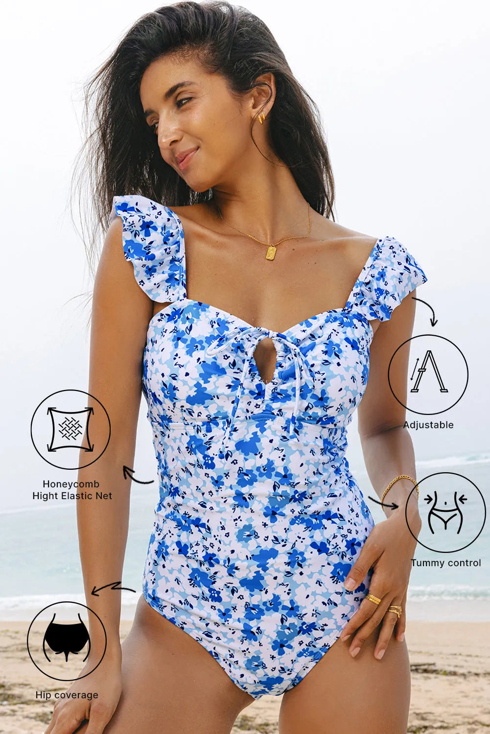 Boho Floral One-Piece Swimsuit - Ruffled Straps-3