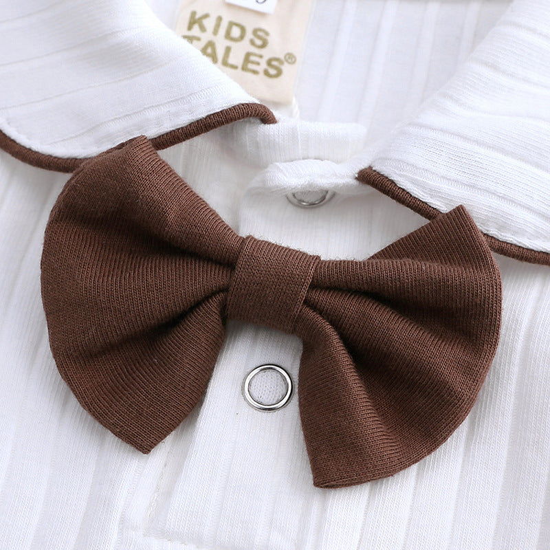Baby Boy White Romper with Brown or Navy Bow Tie