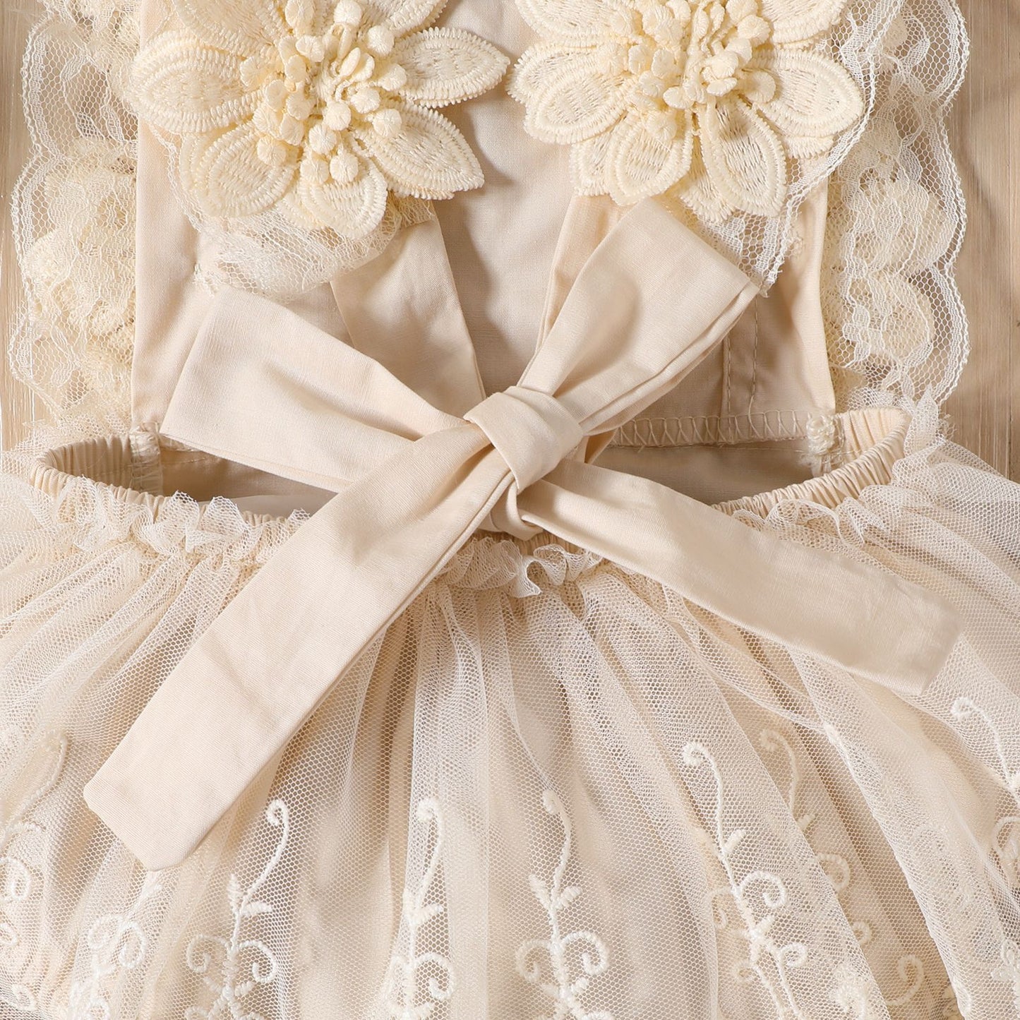 Baby Girl Romper Dress with Floral Pattern and Matching Headband – Beige