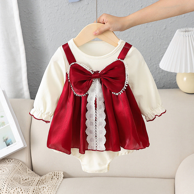 Baby Girl Romper Dress in Off-White and Red with Large Front Bow