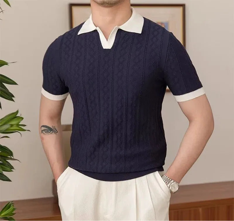 Summer Polo Shirt – V-Neck Slim Fit with Vintage Pattern