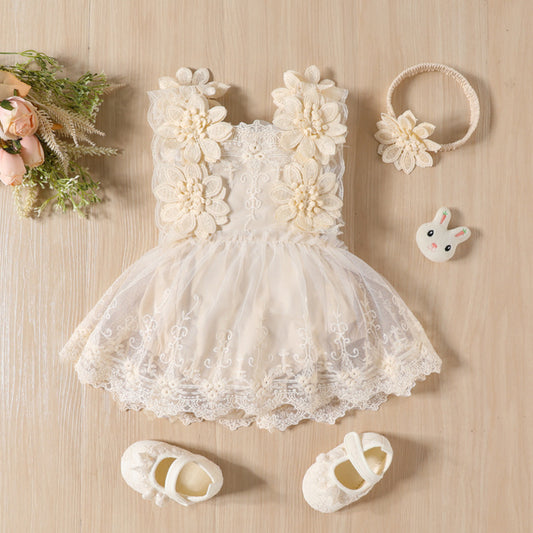 Baby Girl Romper Dress with Floral Pattern and Matching Headband – Beige
