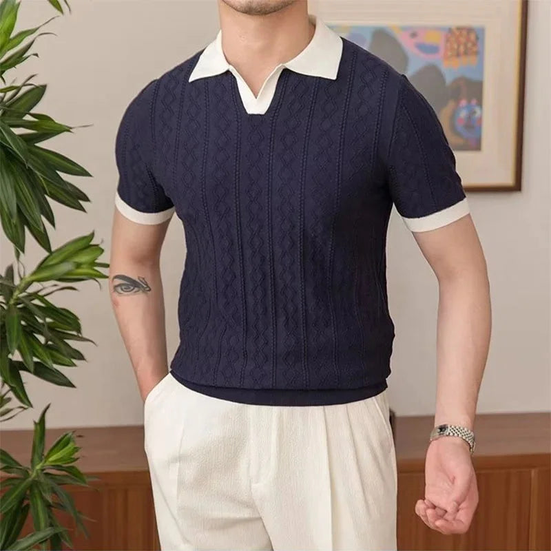 Summer Polo Shirt – V-Neck Slim Fit with Vintage Pattern