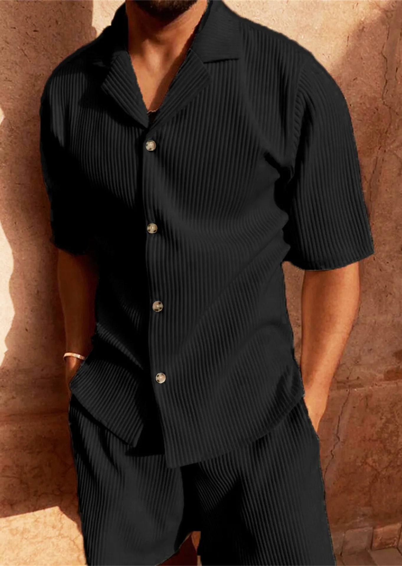 Ribbed Polo Shirt & Shorts Set