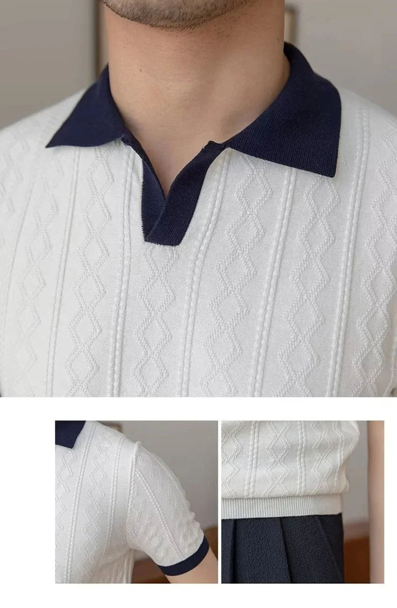 Summer Polo Shirt – V-Neck Slim Fit with Vintage Pattern