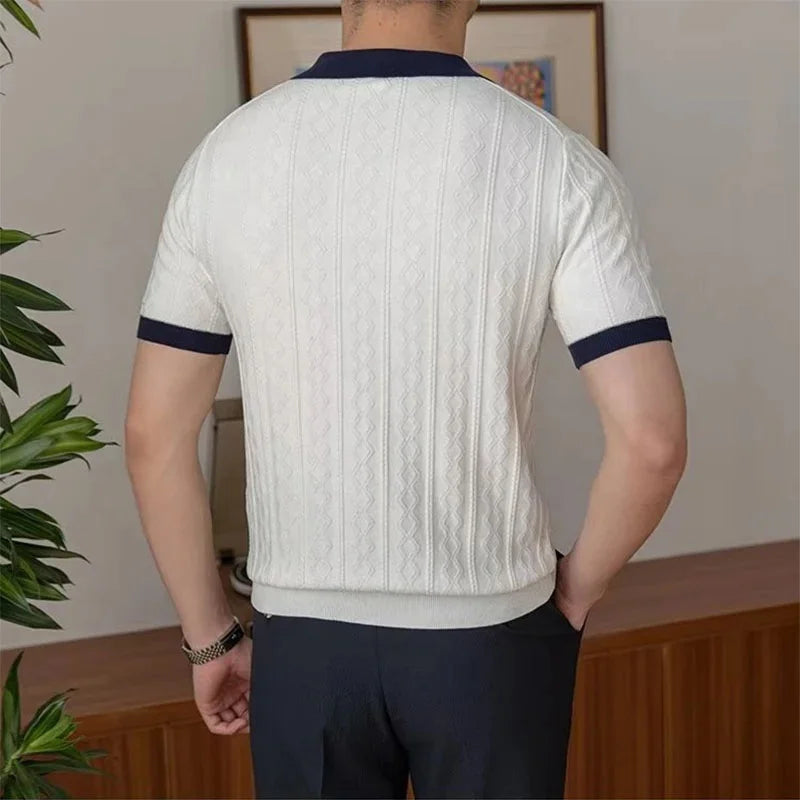 Summer Polo Shirt – V-Neck Slim Fit with Vintage Pattern