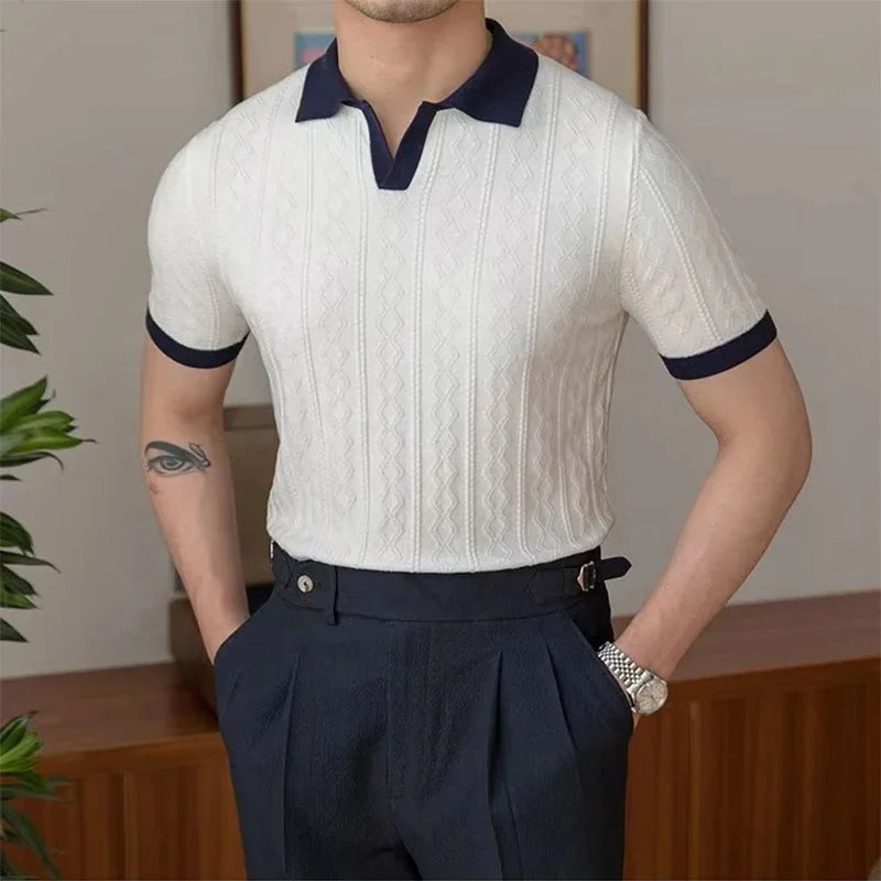 Summer Polo Shirt – V-Neck Slim Fit with Vintage Pattern