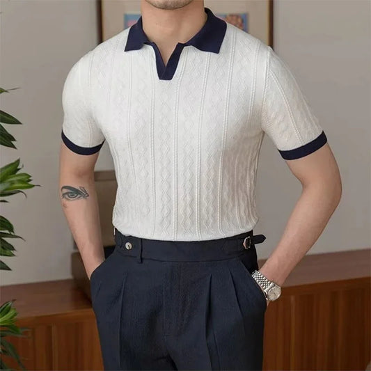 Summer Polo Shirt – V-Neck Slim Fit with Vintage Pattern