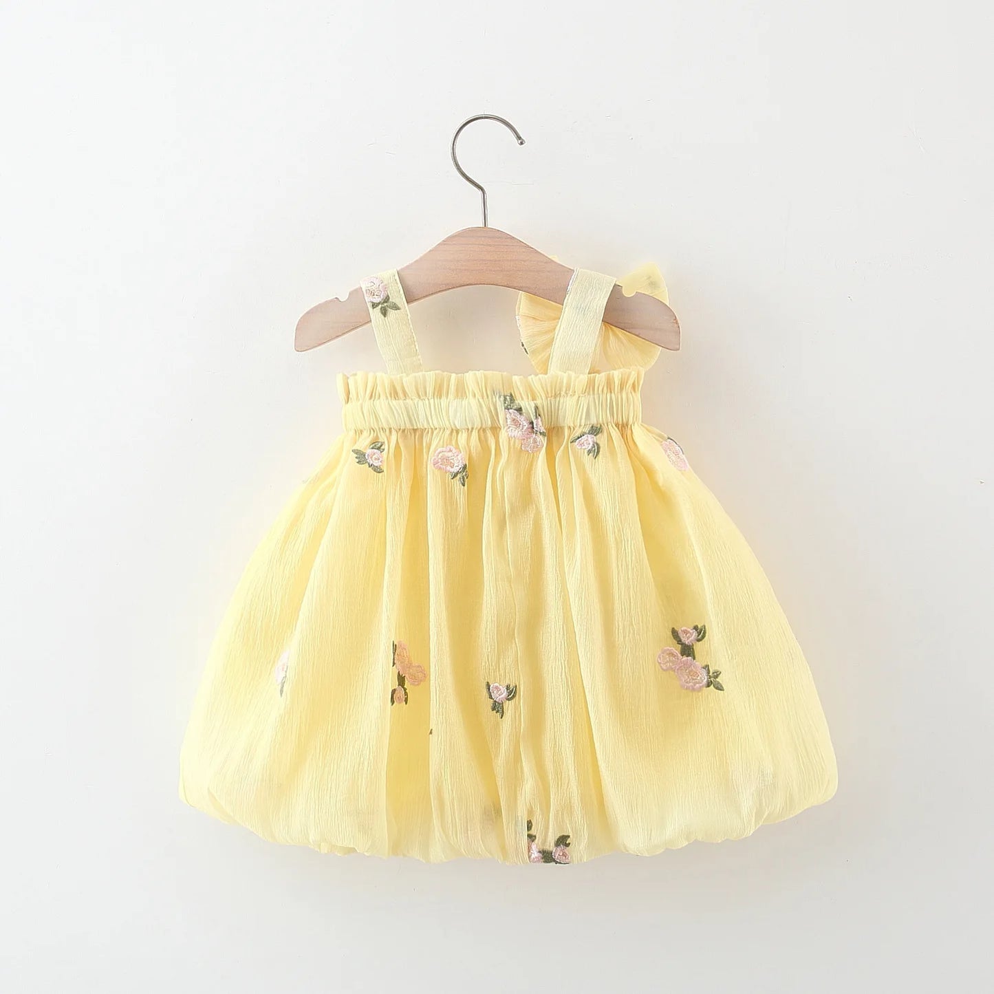 Kids Summer Dress with Flower Print and Front Bow – Yellow or Pink (0–3 Years)