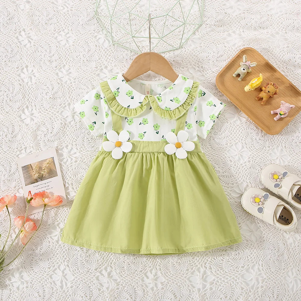 Summer Kids Dress with Floral Print & 3D Flower Detail – Yellow, Orange, Pink, or Green (0–2 Years)