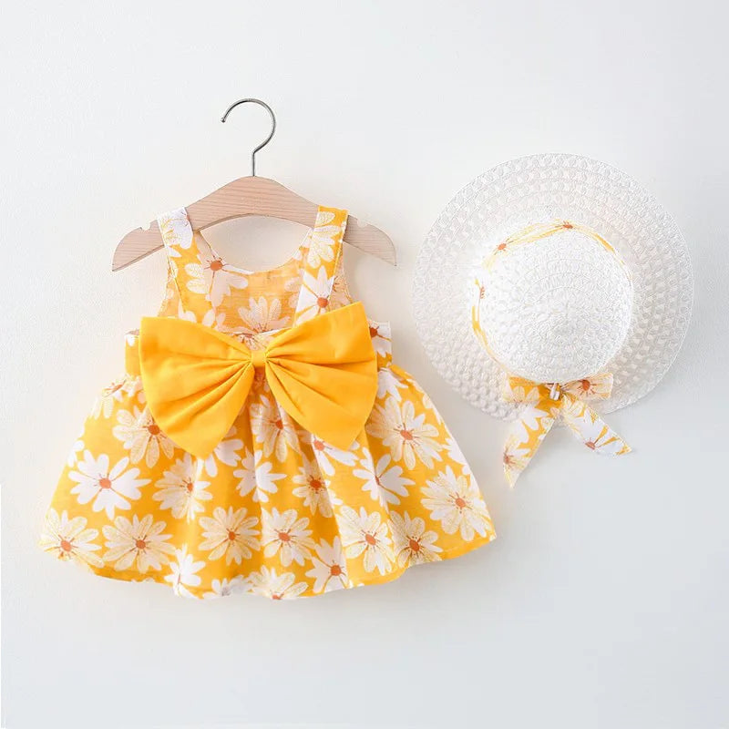 Kids Summer Dress with Big Bow & Matching Hat (0–3 Years) – Blue & Yellow
