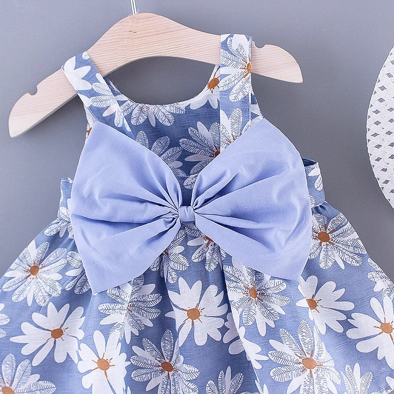 Kids Summer Dress with Big Bow & Matching Hat (0–3 Years) – Blue & Yellow