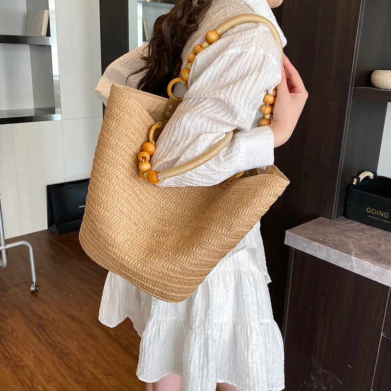 Straw Woven Shoulder Bag – Off - White & Khaki
