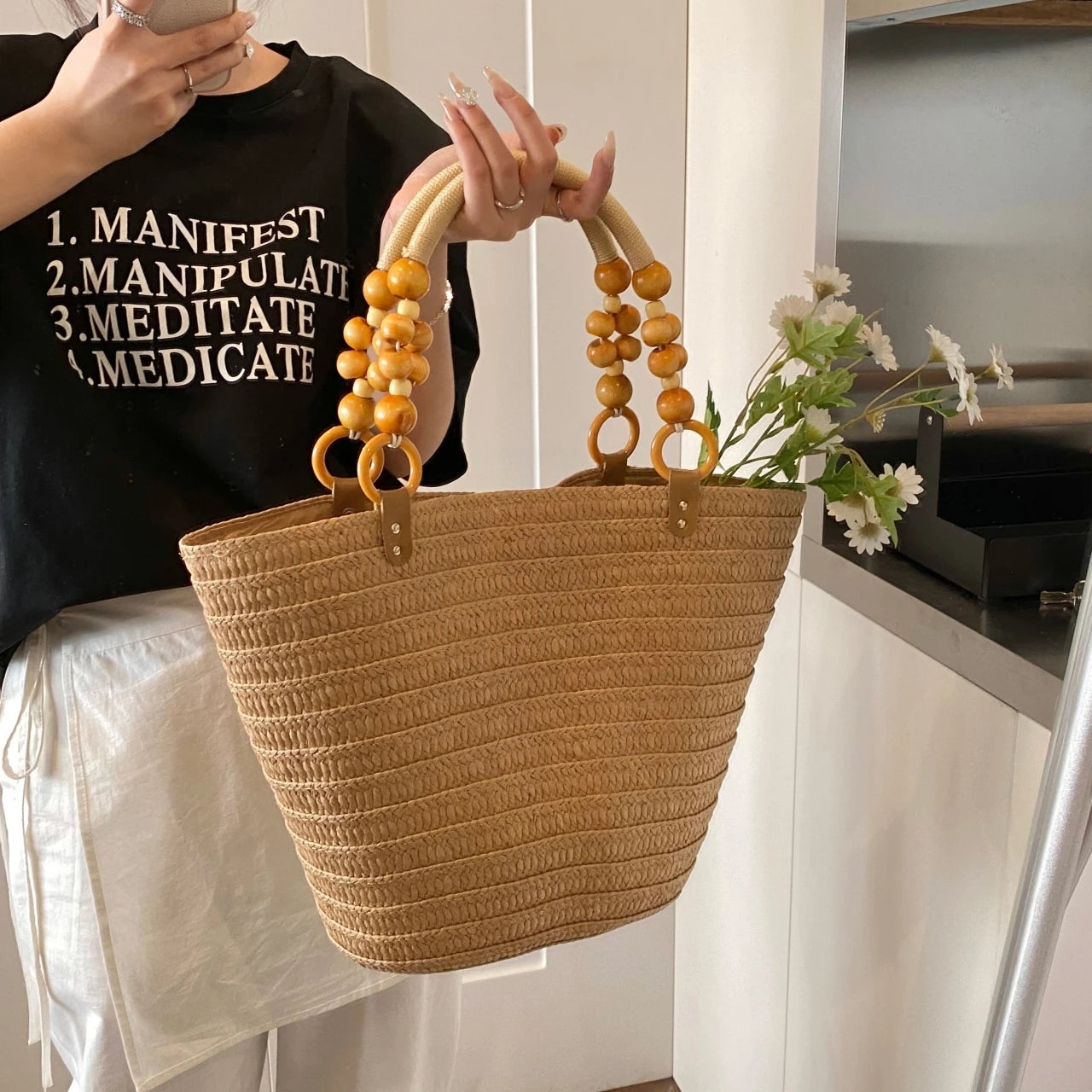 Straw Woven Shoulder Bag – Off - White & Khaki