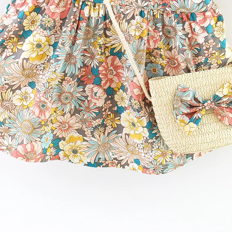 Kids Summer Dress with Floral Print & Matching Straw Bag – Red or Yellow (0–3 Years)