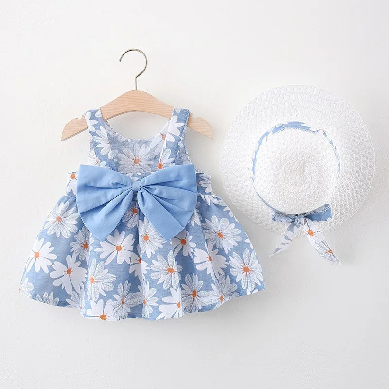 Kids Summer Dress with Big Bow & Matching Hat (0–3 Years) – Blue & Yellow