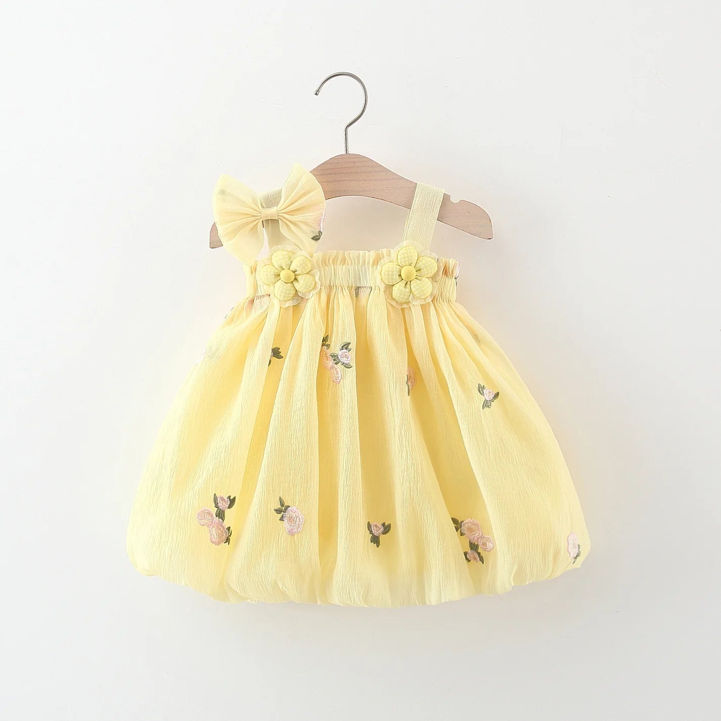Kids Summer Dress with Flower Print and Front Bow – Yellow or Pink (0–3 Years)