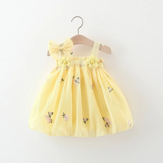 Kids Summer Dress with Flower Print and Front Bow – Yellow or Pink (0–3 Years)