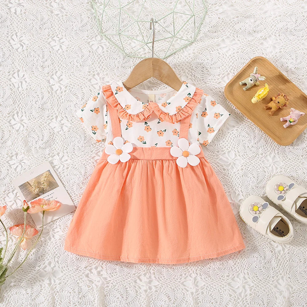 Summer Kids Dress with Floral Print & 3D Flower Detail – Yellow, Orange, Pink, or Green (0–2 Years)