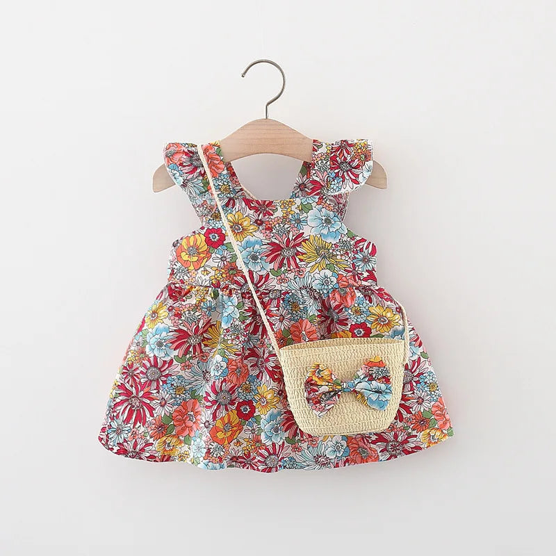 Kids Summer Dress with Floral Print & Matching Straw Bag – Red or Yellow (0–3 Years)