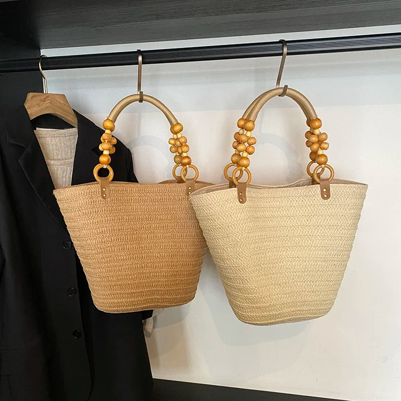 Straw Woven Shoulder Bag – Off - White & Khaki