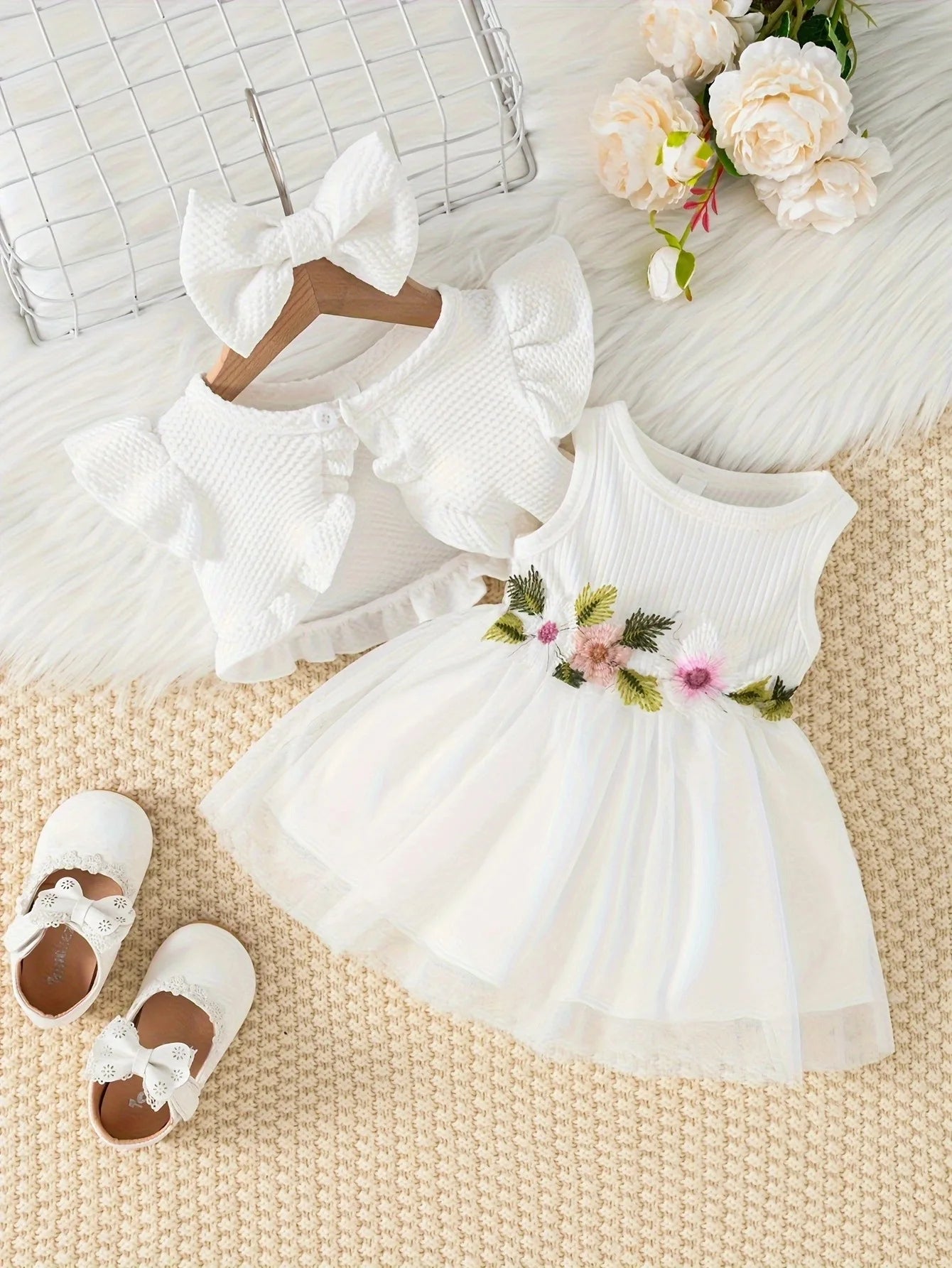 Kids Summer Dress 3-Piece Set with Floral Waist Detail – Pink, White, Green, or Yellow (0–3 Years)