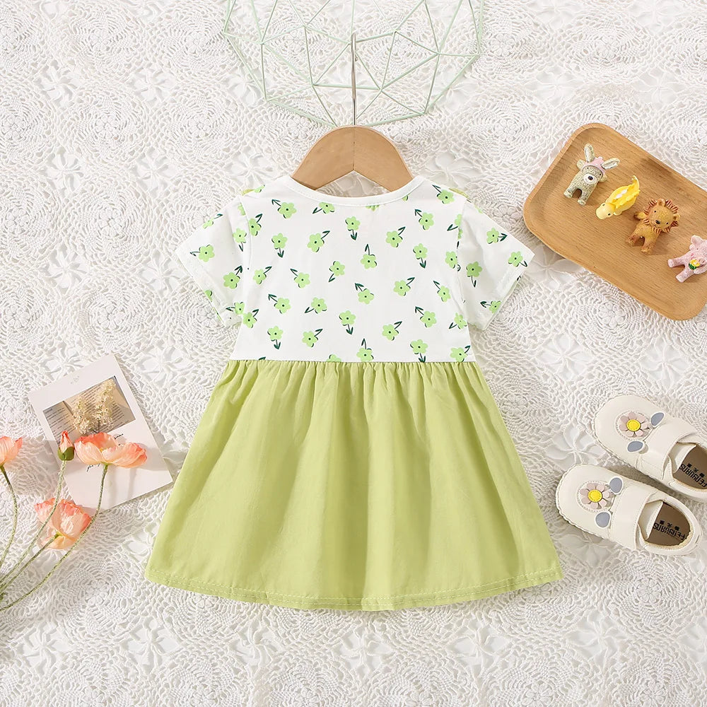 Summer Kids Dress with Floral Print & 3D Flower Detail – Yellow, Orange, Pink, or Green (0–2 Years)