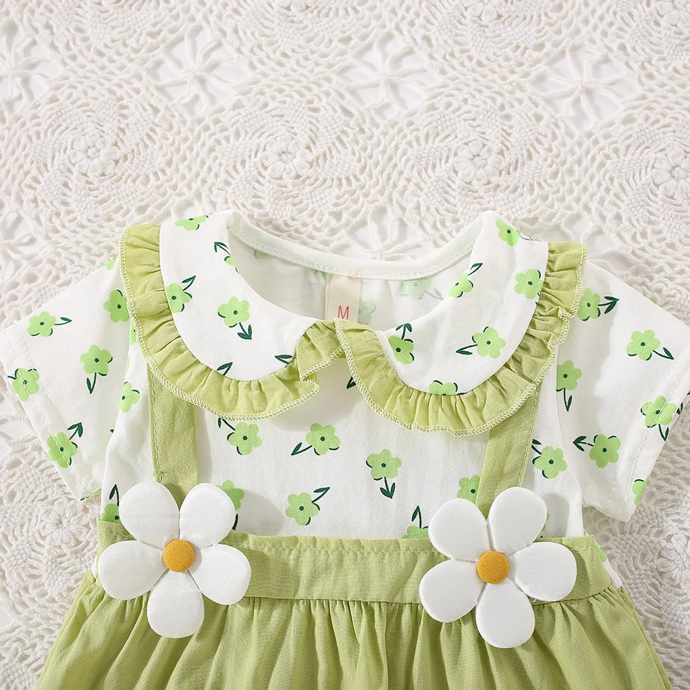 Summer Kids Dress with Floral Print & 3D Flower Detail – Yellow, Orange, Pink, or Green (0–2 Years)